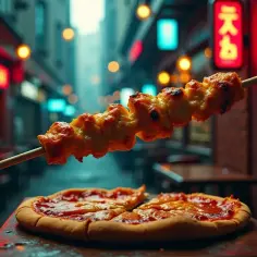 Kebab na patyku nad pizzą na tle nocnej ulicy z neonami.