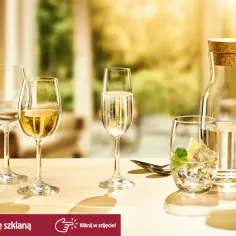 Eleganckie szklaneczki do napojów: kieliszki z winem, musującym prosecco i wodą z lodem i cytryną.