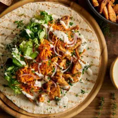 Pyszny kebab na tortilli z kurczakiem, sałatą, marchewką i sosem. Idealne dodatki do kebaba, które sprawią, że posiłek będzie jeszcze lepszy.