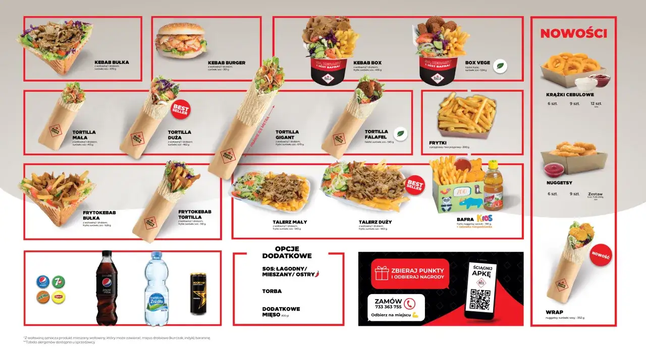 Menu Bafra Kebab: tortille, burgery, boxy, frytki, nuggetsy, krążki cebulowe. Sprawdź, ile można zarobić na kebabie, zamawiając pyszne dania!