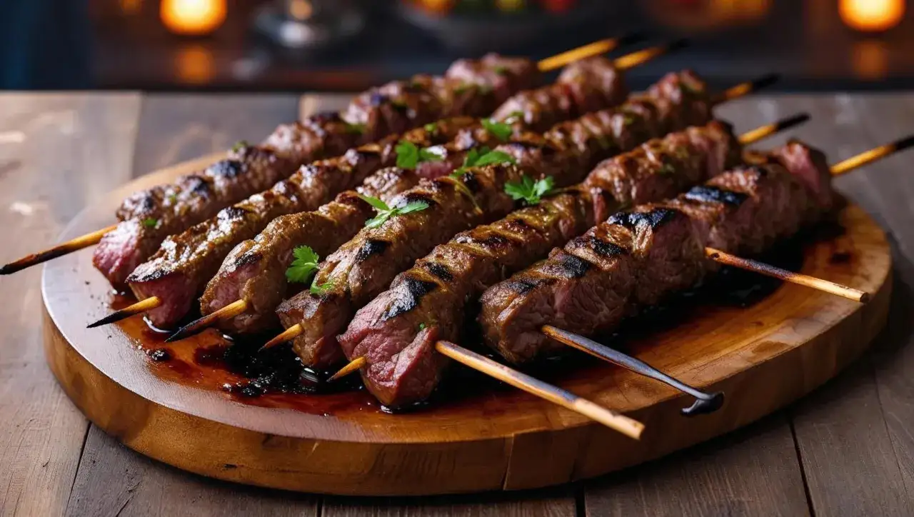Oto jak wygląda prawdziwy turecki kebab: soczyste kawałki mięsa na patykach, grillowane do perfekcji, z ziołami i aromatycznym sosem.