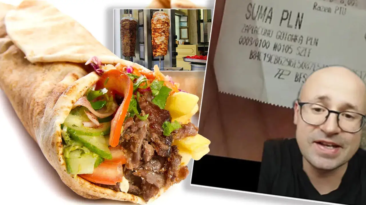 Na paragonie widać, ile kosztuje kebab. Obok apetyczny kebab z mięsem, warzywami i frytkami.