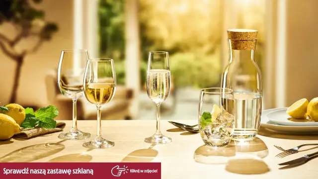 Eleganckie szklaneczki do napojów: kieliszki z winem, musującym prosecco i wodą z lodem i cytryną.